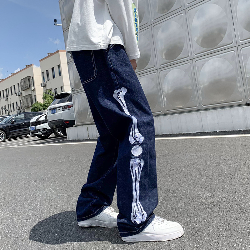 Jeans Men Skeleton Baggy Casual Jean Pants Mens Japan Style