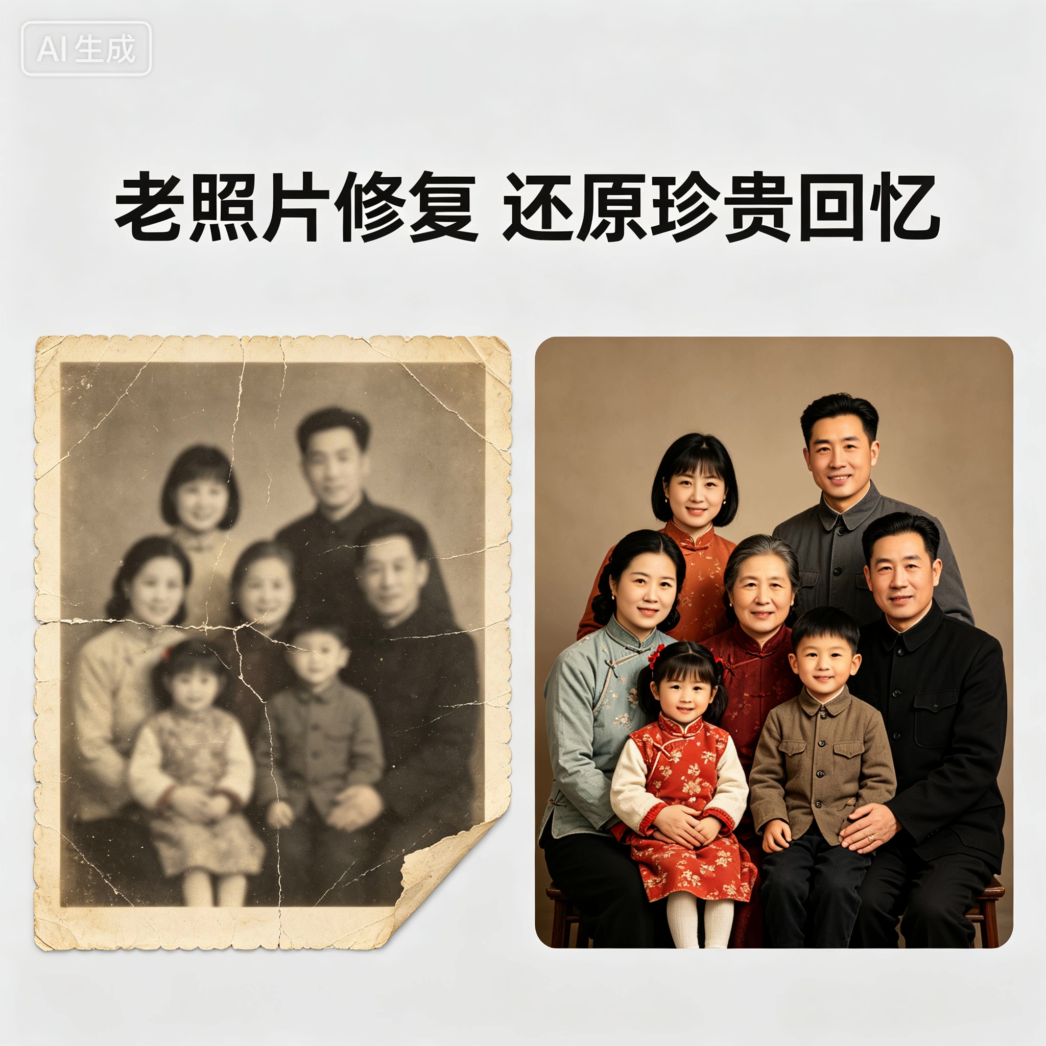 老照片修复翻新黑白旧相片上色破名片设计