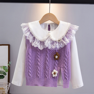 女童毛衣针织背心衬衫春秋冬装新款儿童洋气马甲两件套女孩打底衫