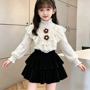 女童打底衫春秋冬季新款韩版洋气加绒上衣裙子套装儿童长袖针织衫