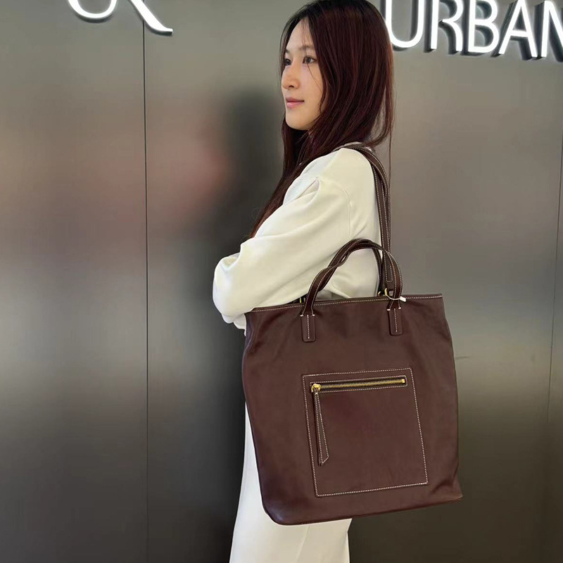 欧美高端手工植鞣头层牛皮女包竖版通勤装电脑大容量真皮托特大包