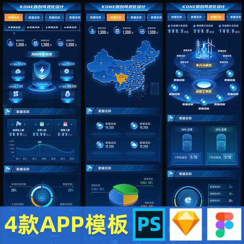 原创可视化APP移动端数据大屏蓝色科技figma设计模板psd组件素材