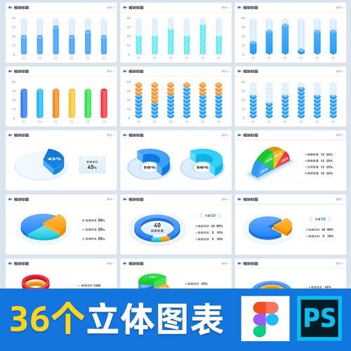 浅色可视化数据大屏立体图表B端figma设计psd素材模板组件制作ui