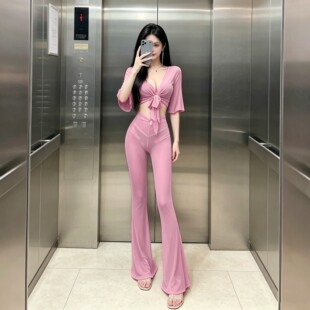 网红直播性感V领绑带短款上衣高腰显瘦微喇长裤套装女辣妹两件套