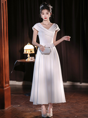 v领短袖A字裙长裙礼服