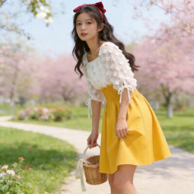 夏季新款黄色连衣裙女法式温柔风收腰显瘦甜美小个子气质仙女裙子