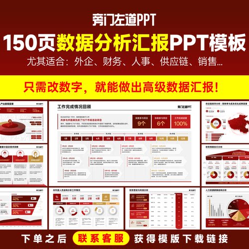 150页数据分析汇报PPT模板【内置Excel自动生成图表/一键换色】