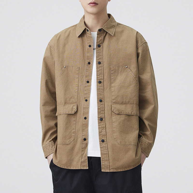 2025春秋美式复古工装衬衫男士时尚纯色水洗翻领宽松休闲上衣外套,户外/登山/野营/旅行用品,户外休闲衣,淘宝优惠券,粉丝福利购,淘宝优惠卷