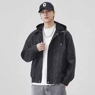 美式军绿皮夹克男大学生可脱卸连帽大码潮牌痞帅复古皮衣机车外套