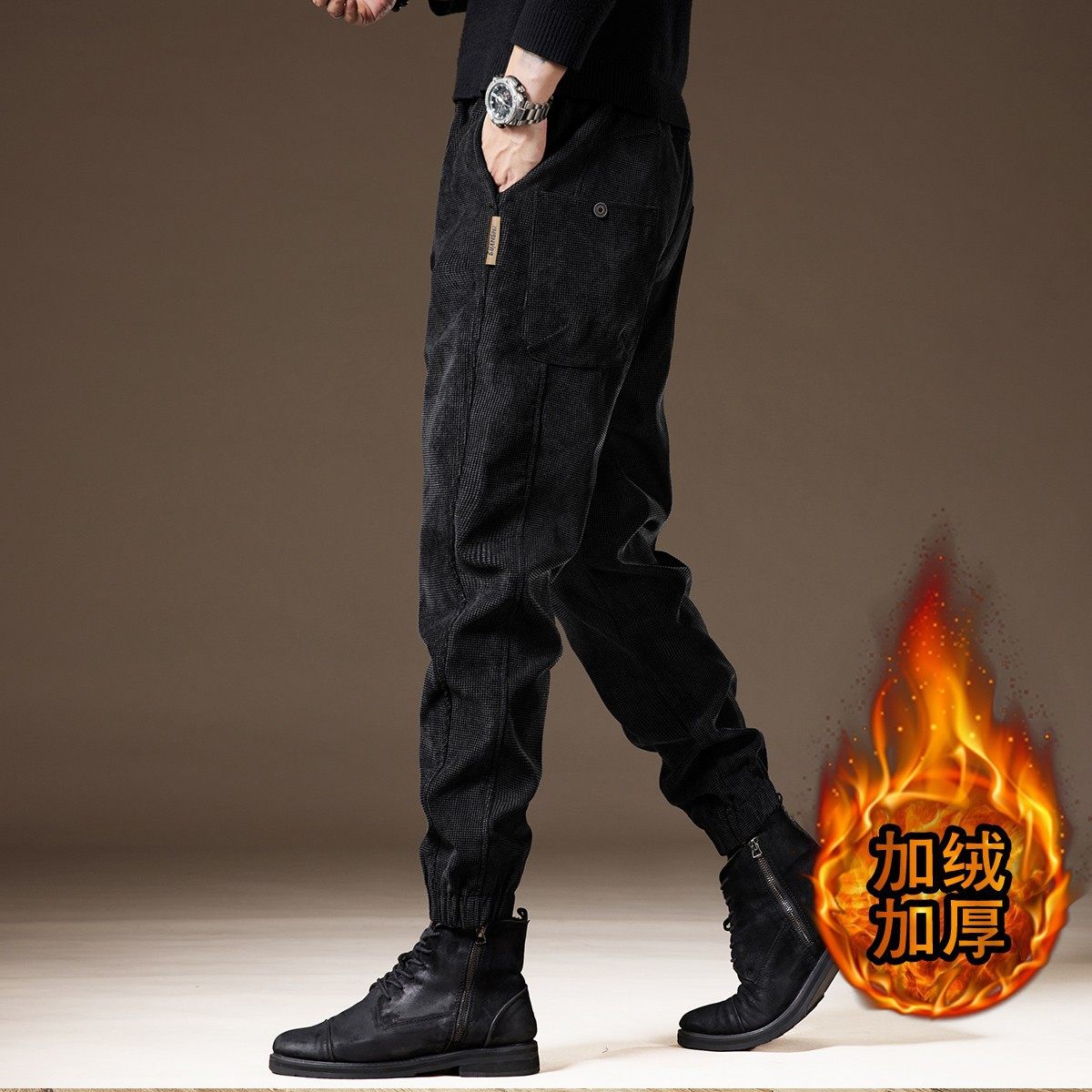 高端软糯玉米格灯芯绒裤子男潮牌秋冬加绒复古宽松休闲工装长裤男