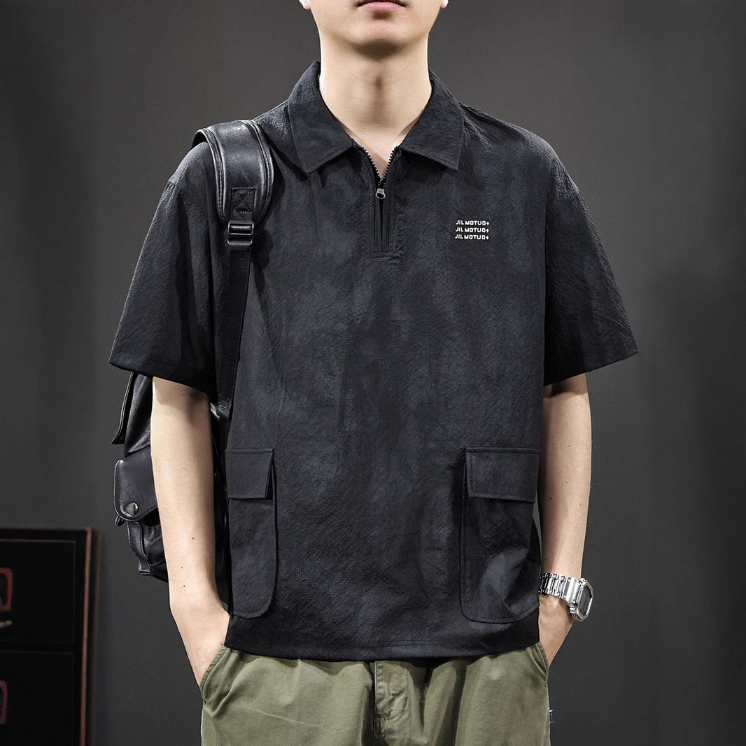 夏季新款冰丝速干男士短袖Polo衫宽松大码复古刺绣工装口袋保罗衫