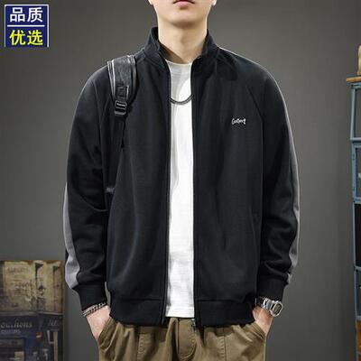 高端潮牌撞色立领条纹卫衣外套男春季美式刺绣字母宽松休闲上衣潮