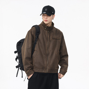 美式复古巴安油蜡皮洗褪棉布硬汉工装夹克男秋冬重磅宽松短款外套