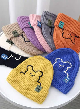 2026亲子冬季新款女士帽子韩版刺绣小熊毛线帽休闲保暖针织帽爆款