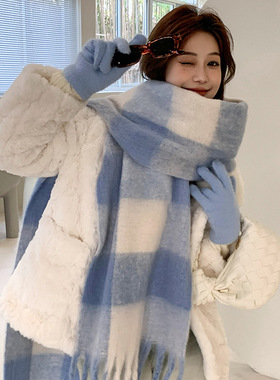 2025新款格子围巾女北欧秋冬软糯保暖圈圈纱撞色格纹围巾披肩围巾