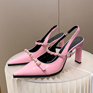 2024年尖头浅口粉色高跟 新款 一字扣带铆钉性感粗跟气质凉鞋 女夏季