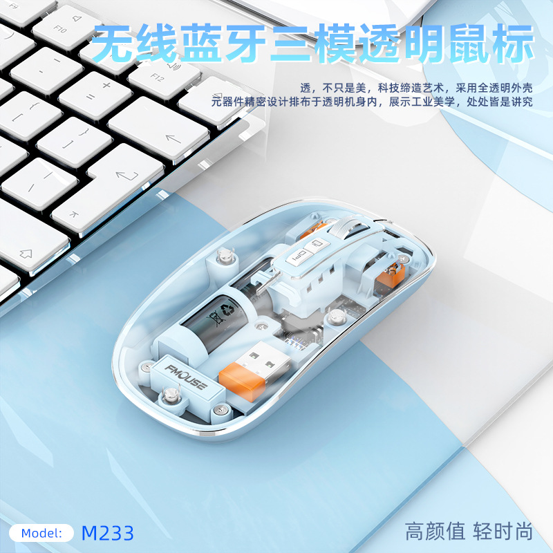 虎猫M233发光RGB无线蓝牙三模透明游戏鼠标带屏幕机械台式笔记本