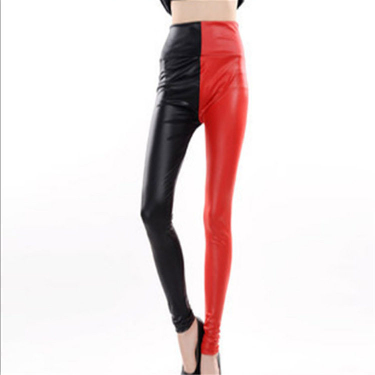秋季季光腿高腰拼接仿皮九分裤打底裤女裤leggings厂家欧美紧身