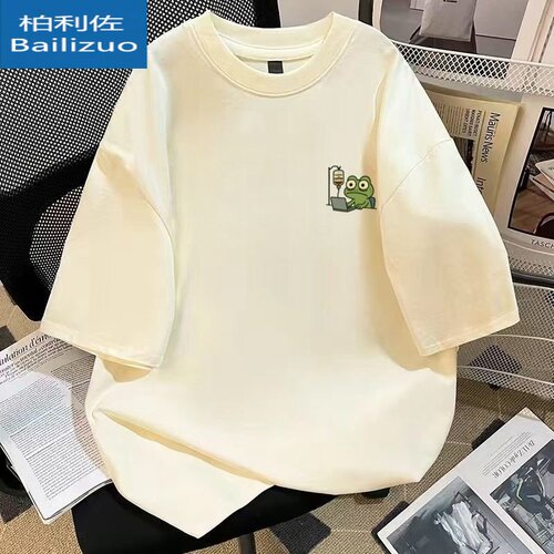 美式创意输咖啡液蛙印花夏小众潮流百搭宽松落肩五分袖上衣t恤