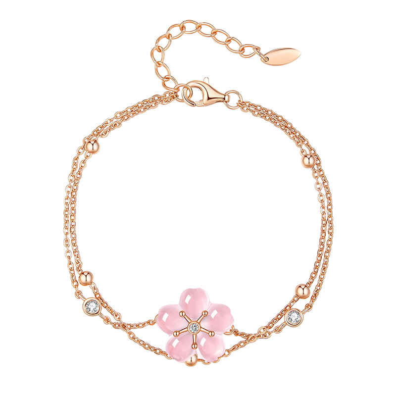 桃花手链女纯银粉水晶樱花复古风