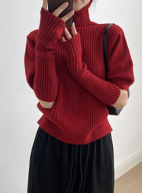 言双 韩系设计感高领毛衣女 冬季宽松慵懒针织衫上衣配袖套G2920