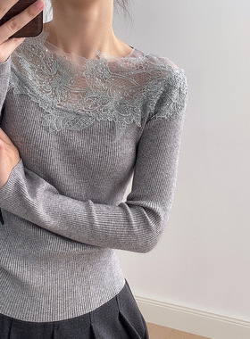 言双 法式蕾丝拼接针织衫女 春季长袖修身显瘦打底衫上衣G2936