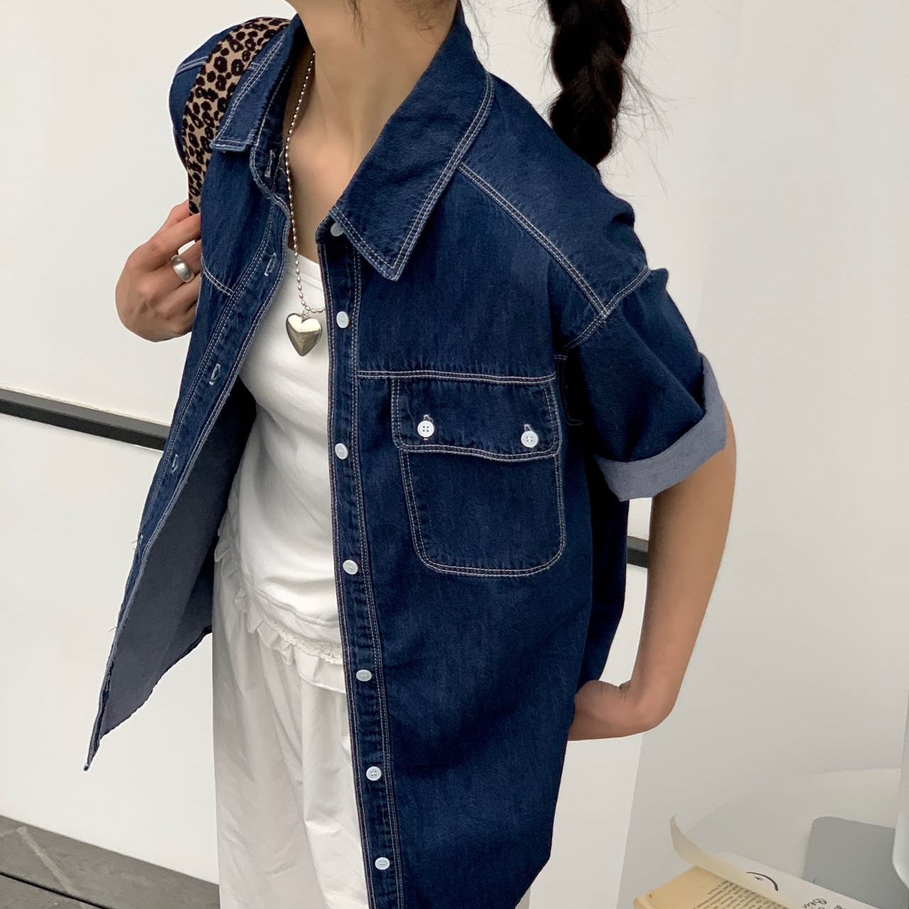 港风复古牛仔短袖外套女2025新款翻领宽松小个子洋气短款开衫上衣