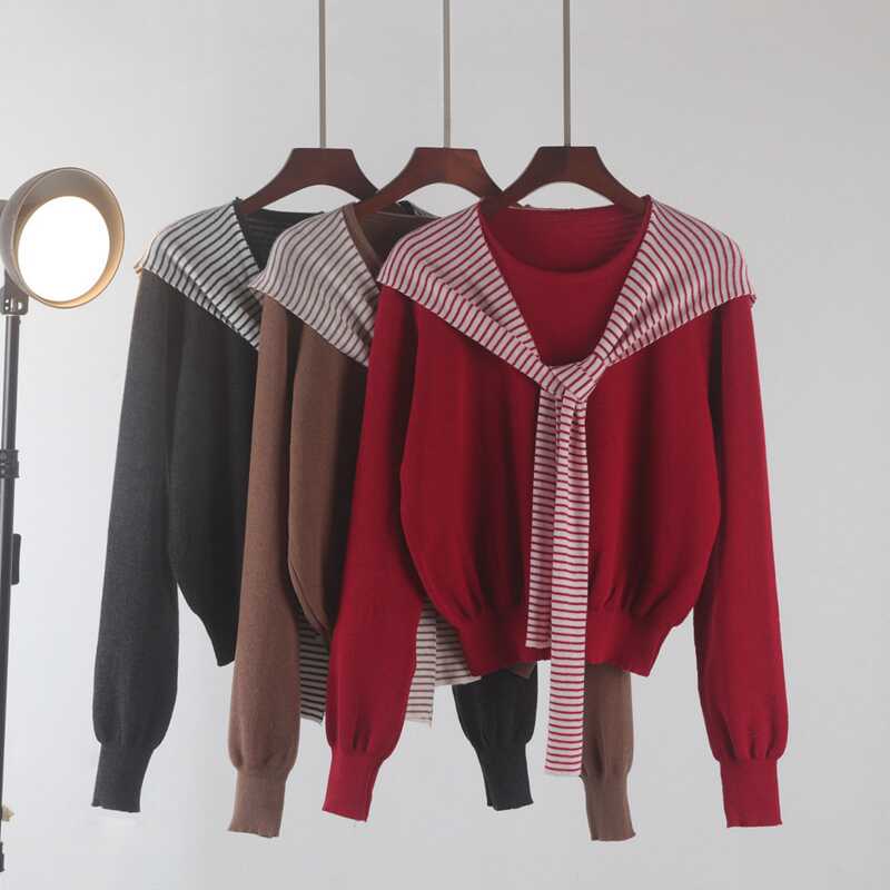 时尚条纹拼接假两件连帽毛针织衫