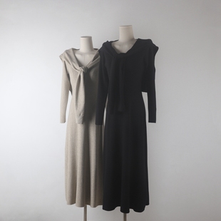 2025新款法式针织连衣裙时尚显瘦鸡心领收腰设计感气质长裙毛衣女