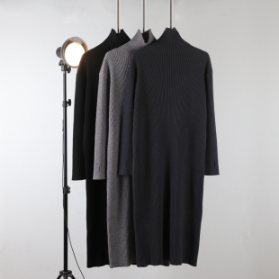 针织打底连衣裙女秋冬纯色高领小个子宽松中长款 毛衣裙过膝长裙子