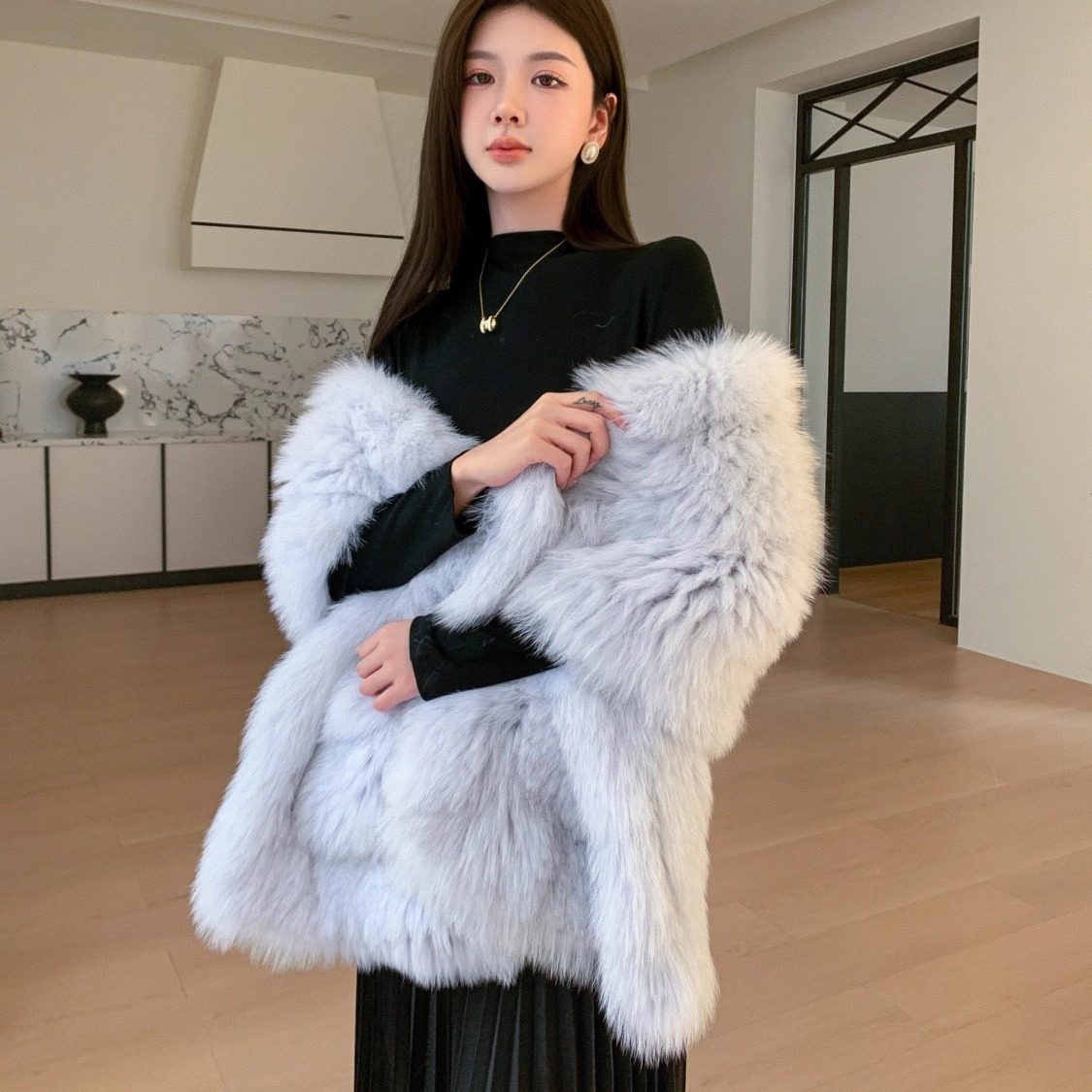 气场型冬季皮草披肩狐狸毛手工双面编织柔软保暖真晚宴披肩大围脖
