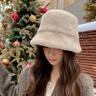 羊皮毛一体渔夫帽子女秋冬季百搭显脸小加厚保暖羊羔毛大头围盆帽