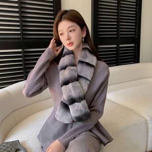 青紫蓝獭兔毛围巾女冬季 保暖双面皮草渐变龙猫纹交叉气质围脖