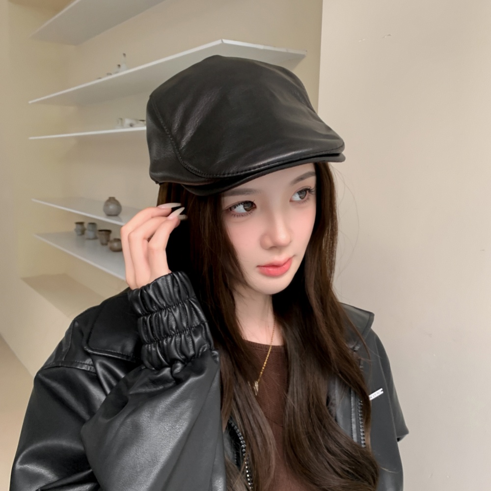 真皮羊皮帽子老钱风女春秋冬反绒真皮前进帽文艺气质鸭舌帽贝雷帽