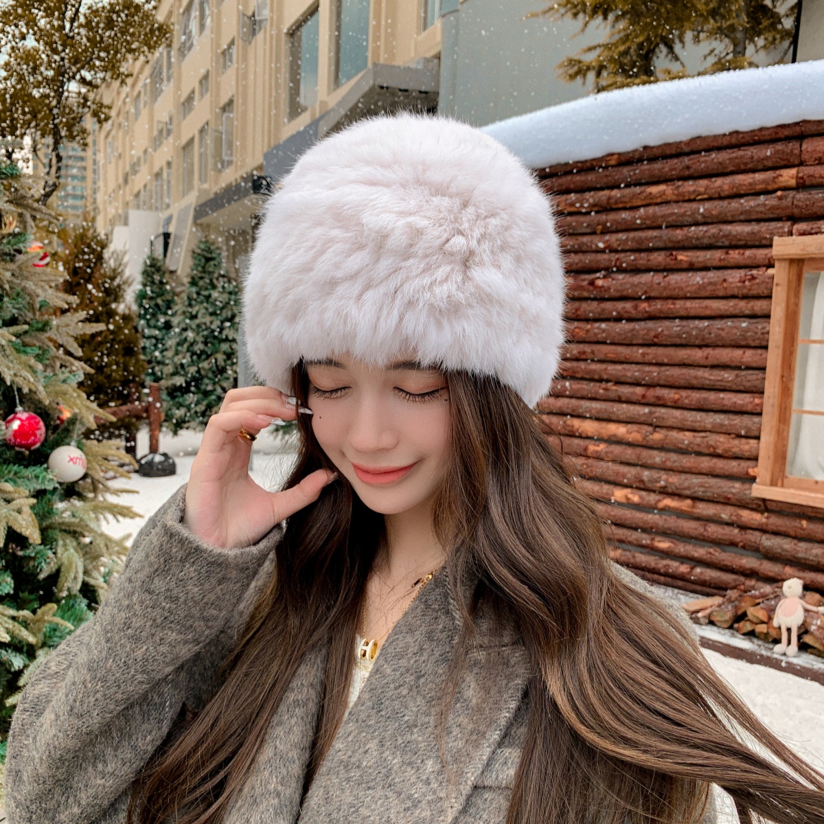 护耳加厚兔毛皮草包头帽双层
