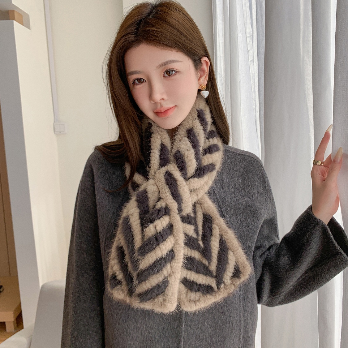 韩版皮草秋冬天然大理石灰双面拼色V型保暖女水貂毛围脖毛领围巾