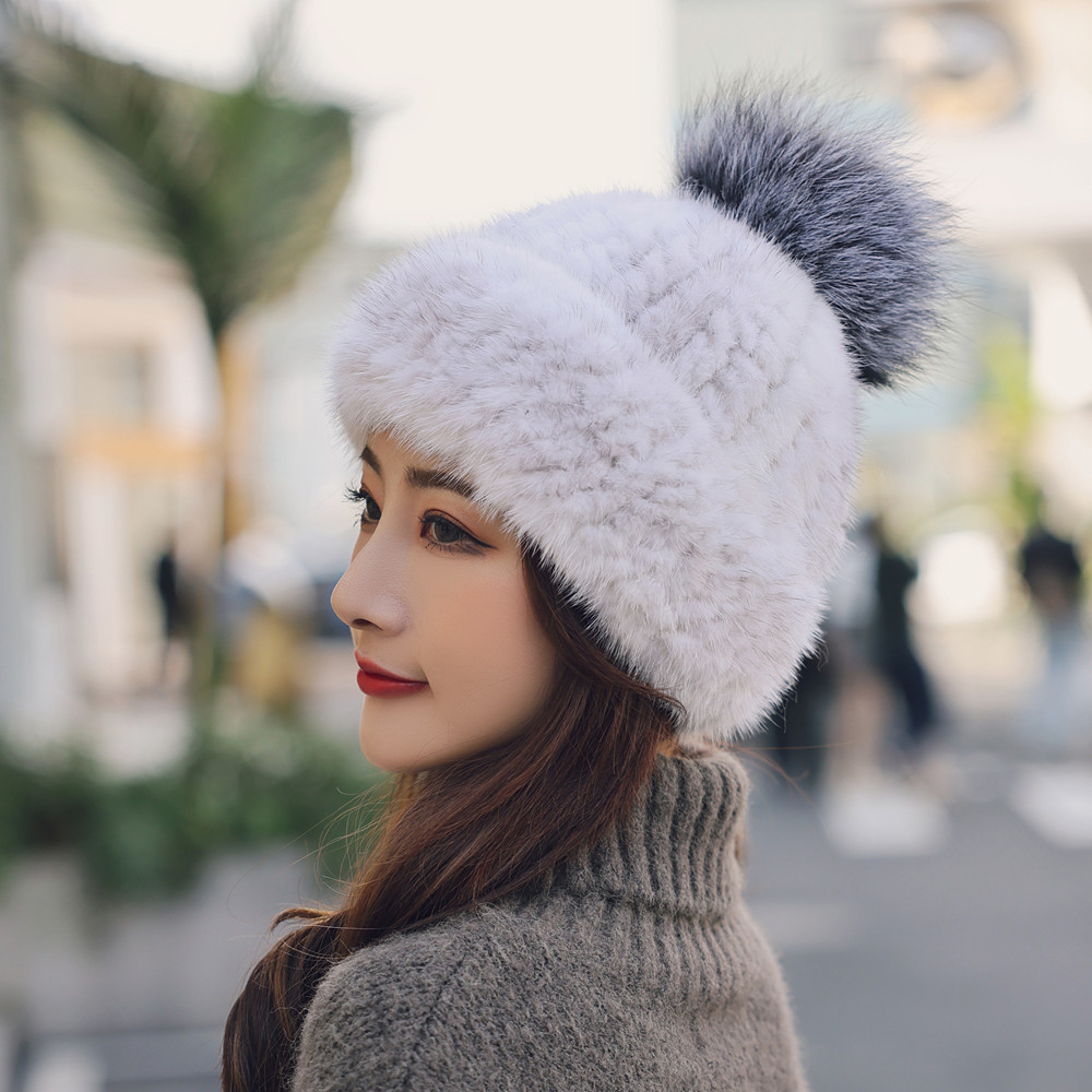 女士冬季皮草帽子水貂毛休闲编织弹力甜美女帽狐狸毛球针织贝雷帽