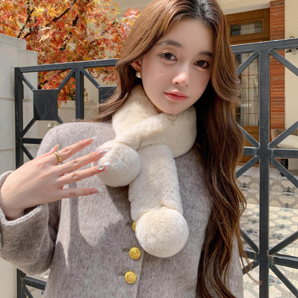 保暖精致小球獭兔毛皮草围巾双面整皮兔毛可爱球球围脖女秋冬脖