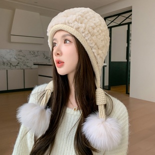 皮草帽子女冬季兔毛獭兔毛护耳毛毛帽子东北出游可爱三毛球雷锋帽