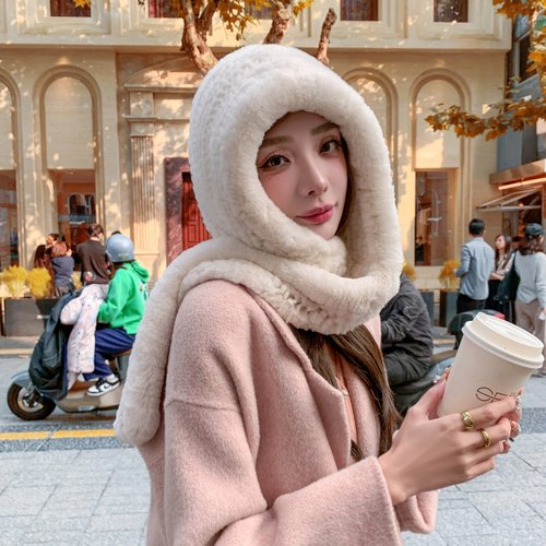 思以沫獭兔毛帽子围巾一体风雪帽