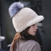 水貂帽子冬季 整皮毛线编织鸭舌帽 皮草贝雷软帽保暖护耳棉帽
