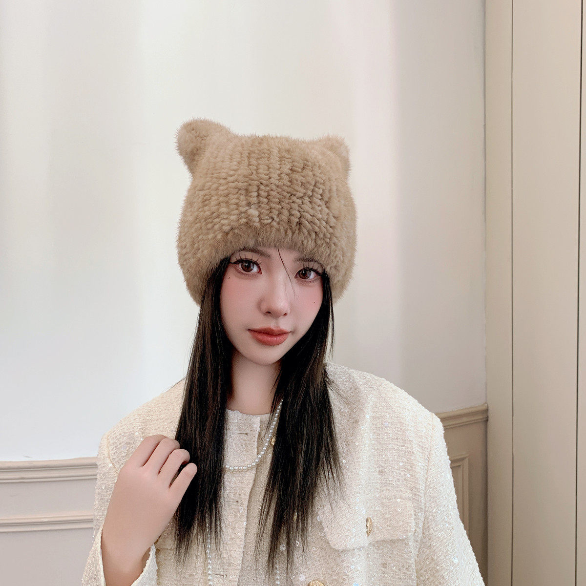 高品质水貂毛帽子女秋冬保暖百搭加密编织猫耳朵型包头帽毛毛冬帽