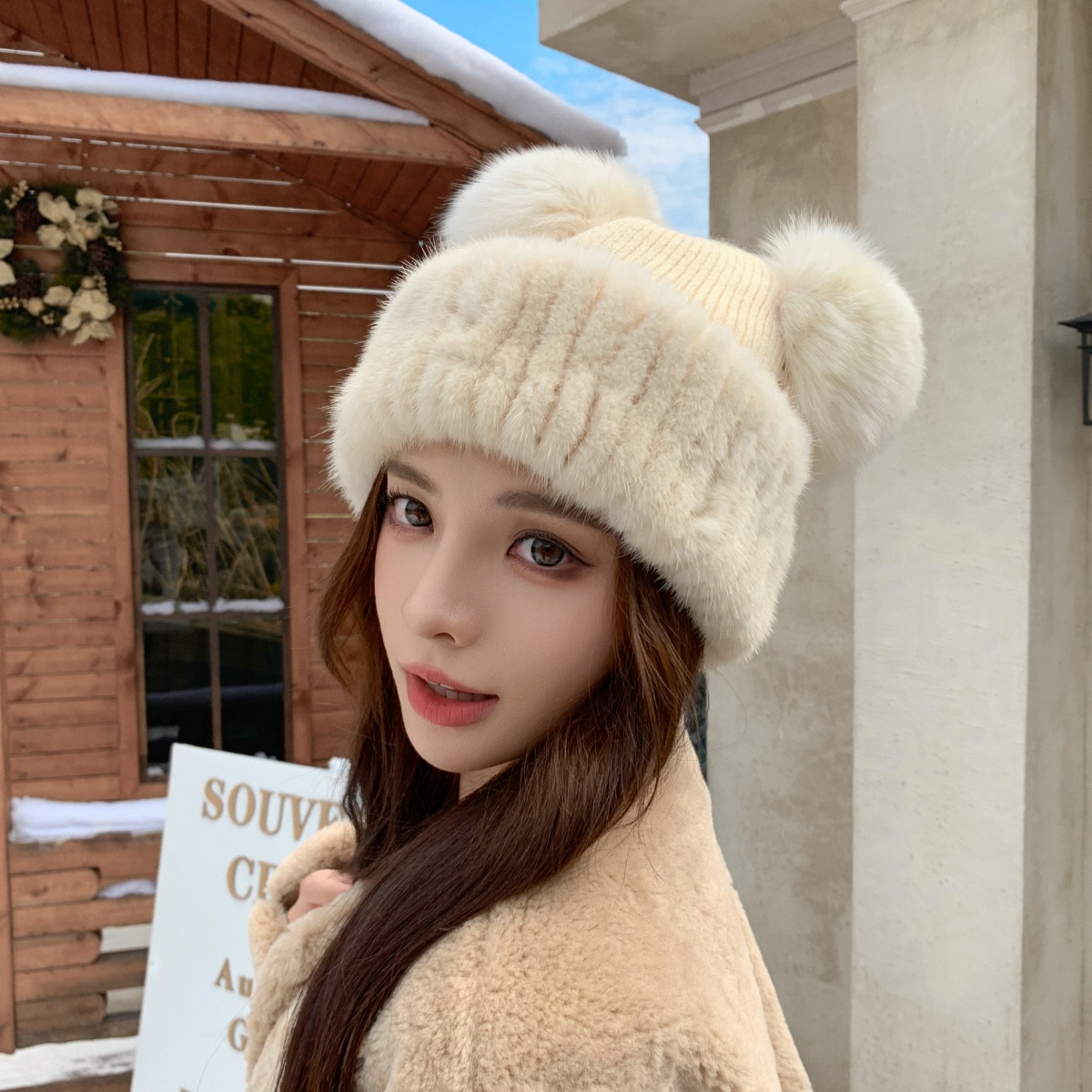 新款皮草帽子水貂毛编织配狐狸毛球球可爱帽冬季保暖卡通女帽加绒