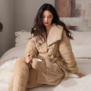 斯服玛三层夹棉袄睡衣女款冬季珊瑚绒加绒加厚宽松外穿家居服套装
