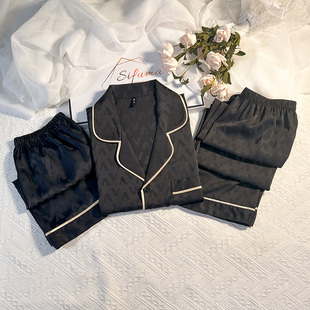 斯服玛男士睡衣夏季冰丝短袖短裤三件套黑色轻奢礼盒装家居服男款