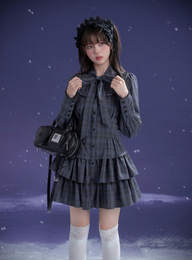 SagiDolls少女斗志 #暮色人偶#灰蓝格大蝴蝶结蛋糕连衣裙lolita秋