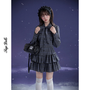 SagiDolls少女斗志 灰蓝格大蝴蝶结蛋糕连衣裙lolita秋 暮色人偶