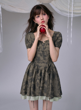 SagiDolls少女斗志 #青茶漫漫#绿色晕染印花连衣裙修身显瘦百搭夏