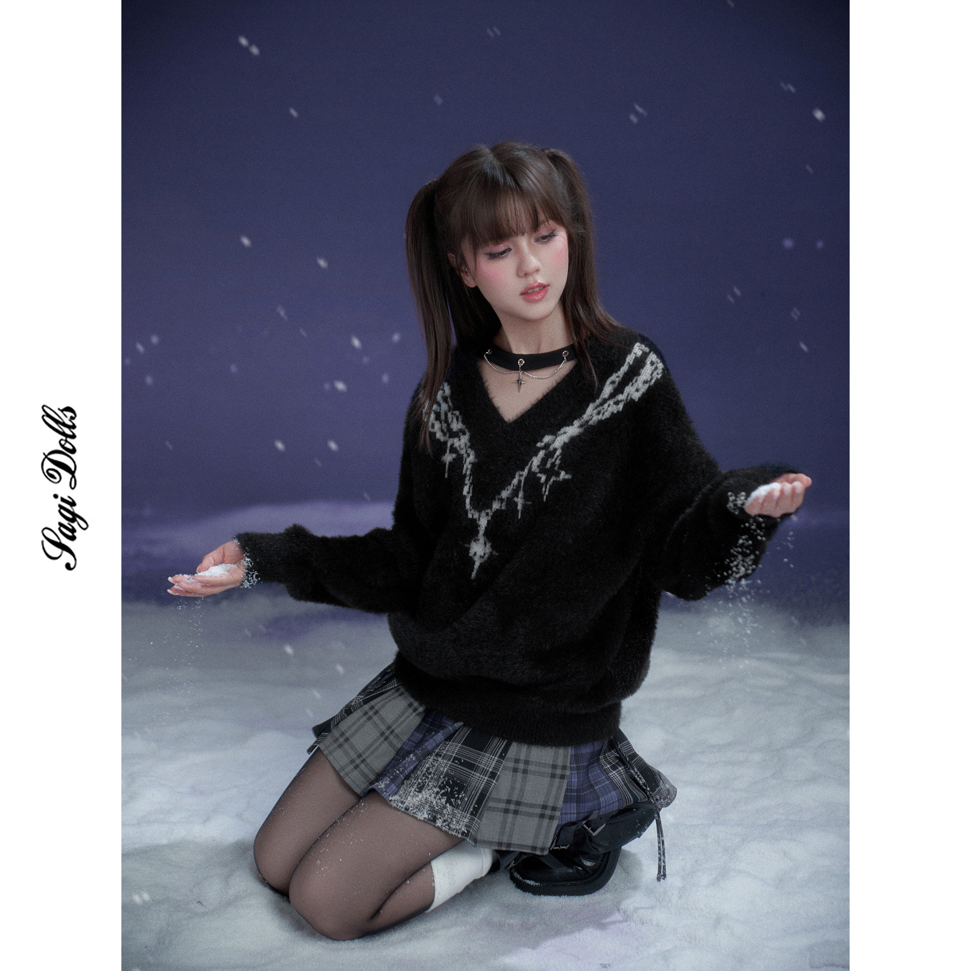 SagiDolls少女斗志甜酷暗黑V领提花choker仿貂毛宽松毛衣显瘦百搭,女装/女士精品,毛衣,淘宝优惠券,粉丝福利购,淘宝优惠卷