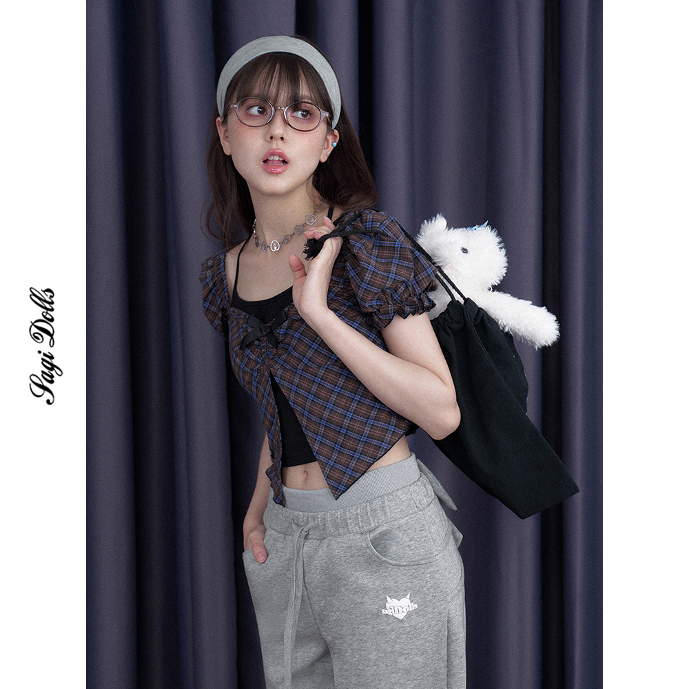 少女斗志甜美蓝紫格泡泡袖衬衫夏